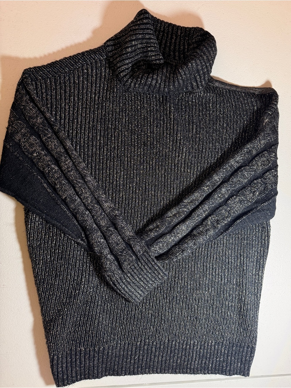 Turtleneck Cable-Sleeve Women's Sweater - Single Cold slShoulder- Charcoal
